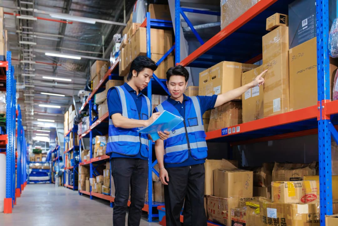 Hai nhân viên kho MyStorage sắp xếp đồ gửi kho kệ