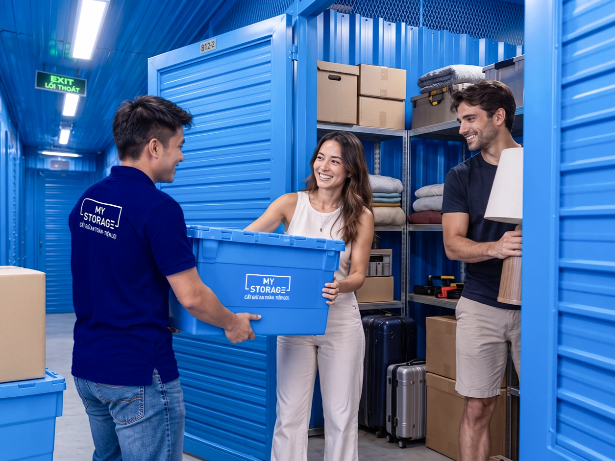 MyStorage team member helping two customers move a blue storage box into a self-storage unit