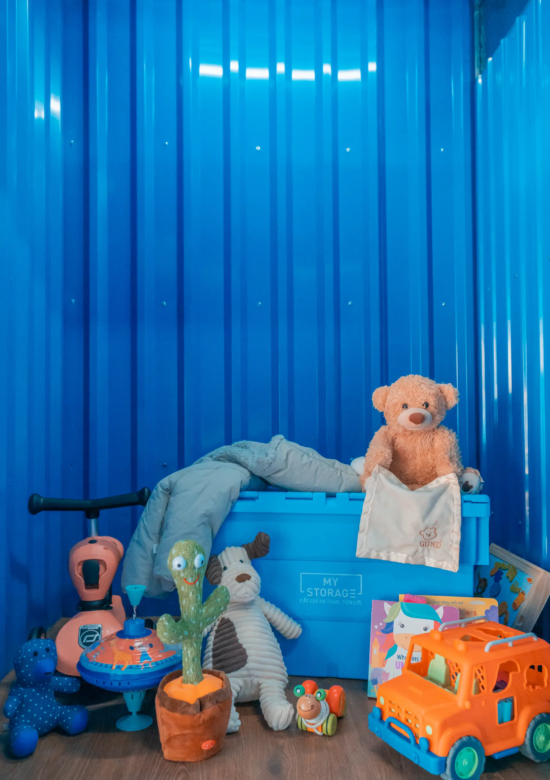 Toys stored inside a storage unit